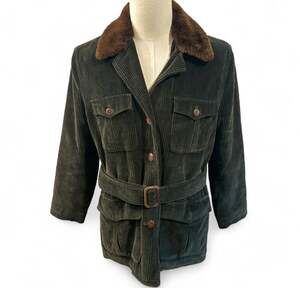 Vintage Ralph Lauren Corduroy Jacket w/ Faux Fur Collar & Belt - Dark Green
